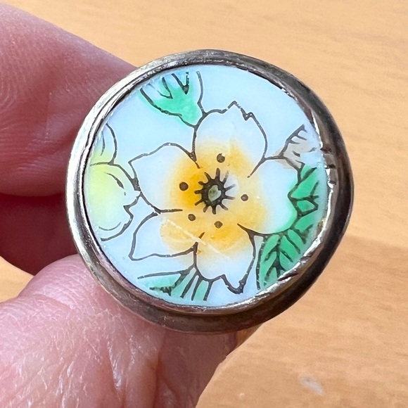 VINTAGE DESIGNER J.LEE JESSICA LEE 925SS CERAMIC FLOWER PAINTING RING HALLMARKED - Picture 3 of 16